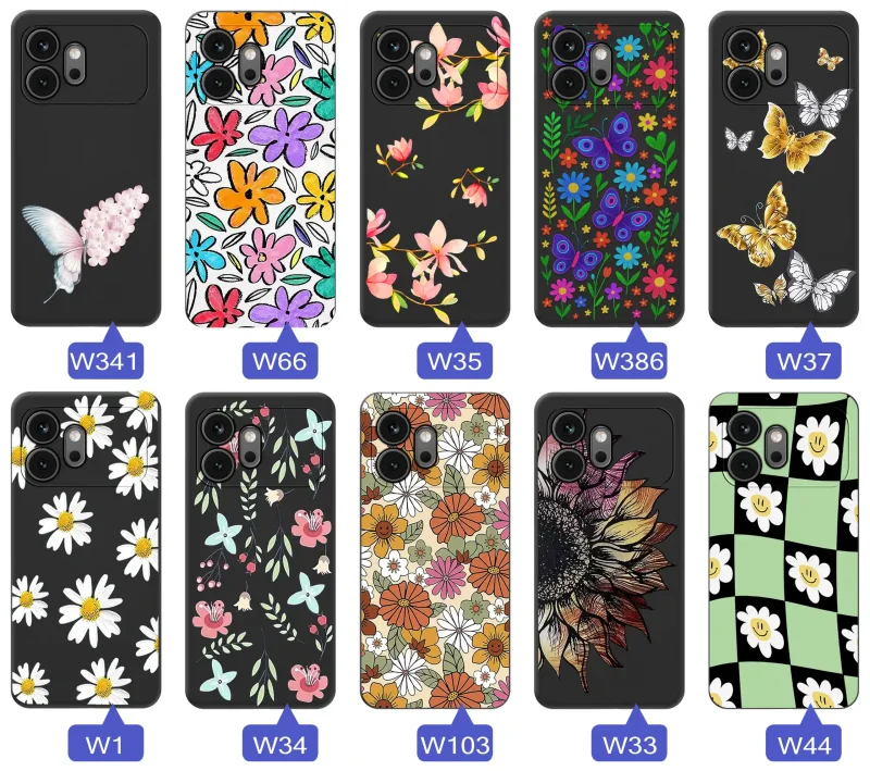 Kolekcja etui wiosennych do Honor 600 z kwiatowymi grafikami, motylami, pszczółkami i kolorowymi wzorami natury