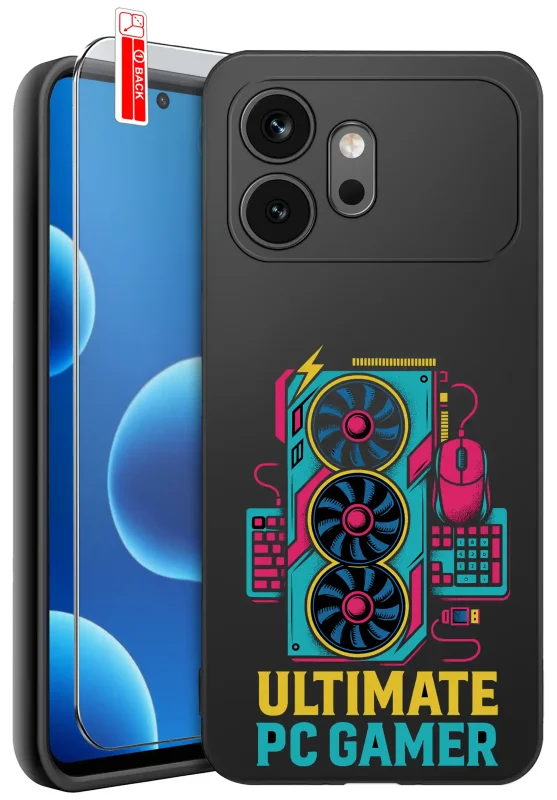 Etui dla gracza do Honor 600 z nadrukiem Ultimate PC Gamer, grafiką karty graficznej, myszki i klawiatury oraz szkło hartowane 9H w zestawie