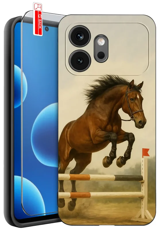 Etui do Honor 600 z nadrukiem konia skaczącego przez przeszkodę oraz szkło hartowane 9H w zestawie