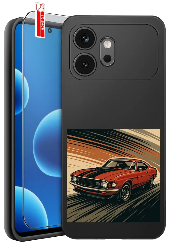 Etui Honor 600 z nadrukiem czerwonego retro samochodu sportowego oraz szkło hartowane 9H w zestawie