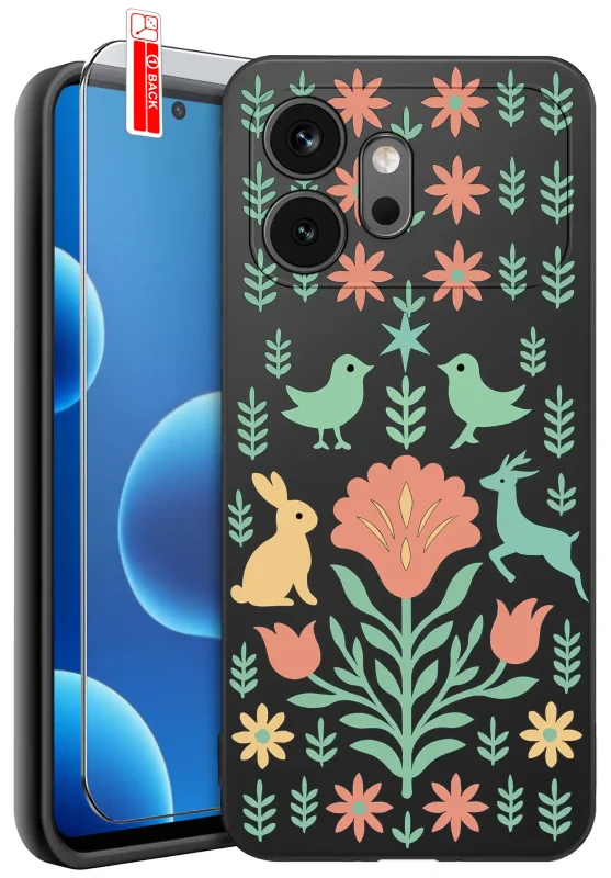 Etui Honor 600 z ludowym nadrukiem kwiatów, listków, ptaków, zająca i jelenia oraz szkło hartowane 9H w zestawie