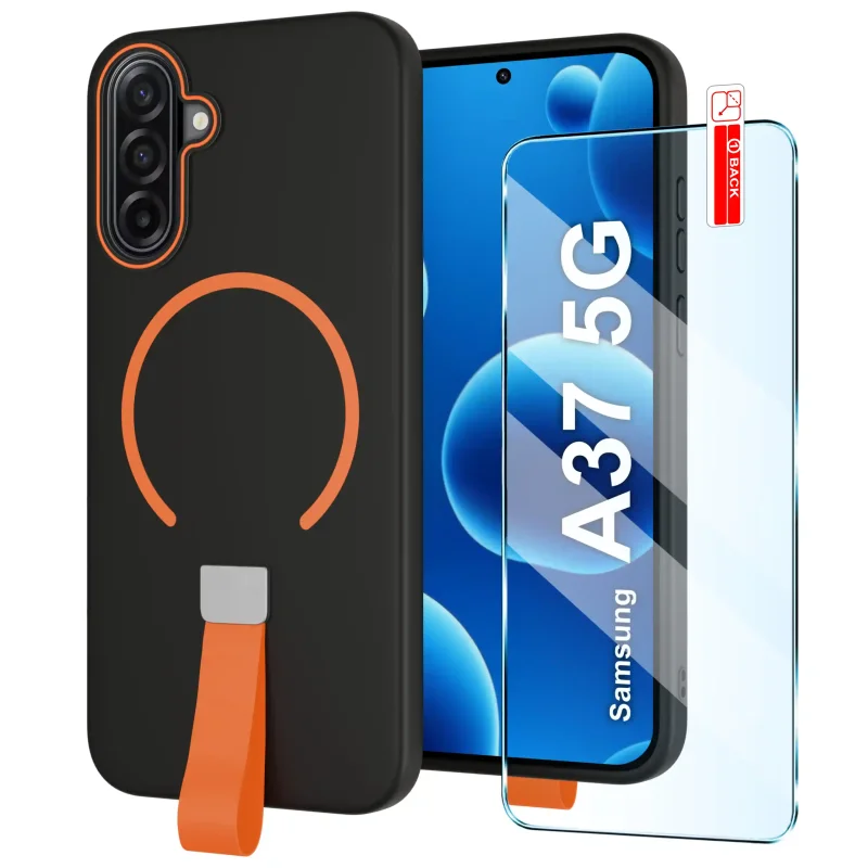 Czarne etui MagSafe do Samsung Galaxy A37 5G z pomarańczowym paskiem na palec i szkło hartowane 9H w zestawie