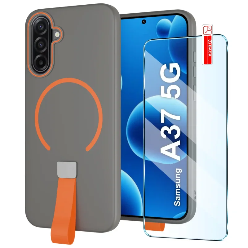 Szare etui MagSafe do Samsung Galaxy A37 5G z pomarańczowym paskiem na palec i szkło hartowane 9H w zestawie