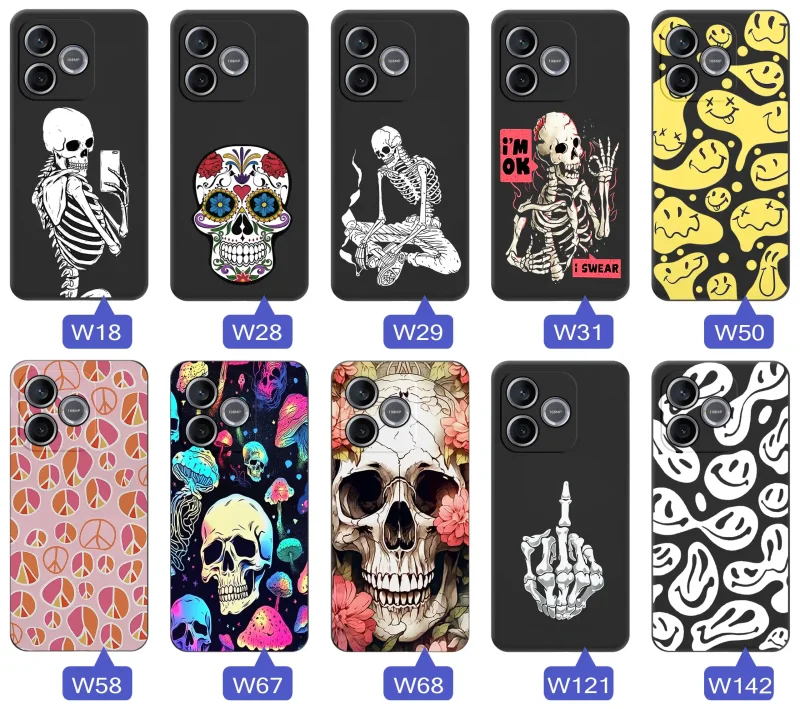 Kolekcja różnych wzorów etui Halloween do Honor 600 Lite z motywami czaszek, szkieletów, uśmiechów i grafik w stylu dark