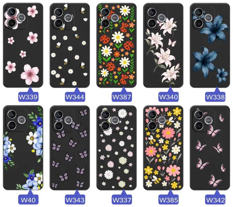 Kolekcja wzorów wiosennych na etui do Honor 600 Lite: kwiaty, motyle, pszczółki, biedronki i truskawki na silikonowych pleckach