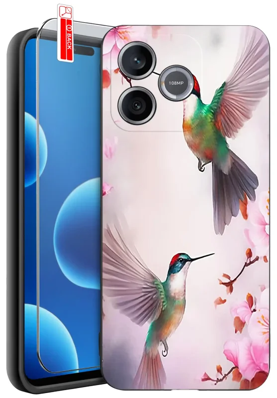 Etui na Dzień Babci do Honor 600 Lite z nadrukiem kolibrów, różowych kwiatów i gałązek oraz szkło hartowane w zestawie