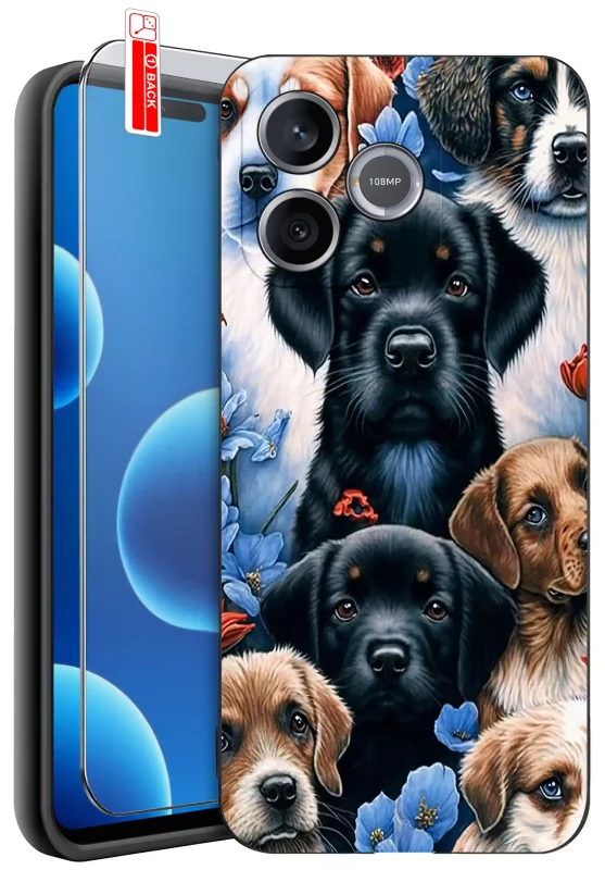 Etui z psem do Honor 600 Lite z nadrukiem psów różnych ras oraz szkło hartowane 9H w zestawie