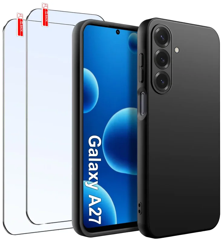 Czarne matowe etui silikonowe do Samsung Galaxy A27 5G z dwoma szkłami hartowanymi 9H w zestawie