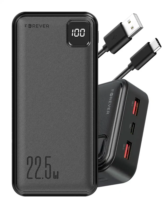 Powerbank Forever 20000 mAh 22,5W z opakowaniem, wyświetlaczem LED i portami USB-A oraz USB-C z kablem