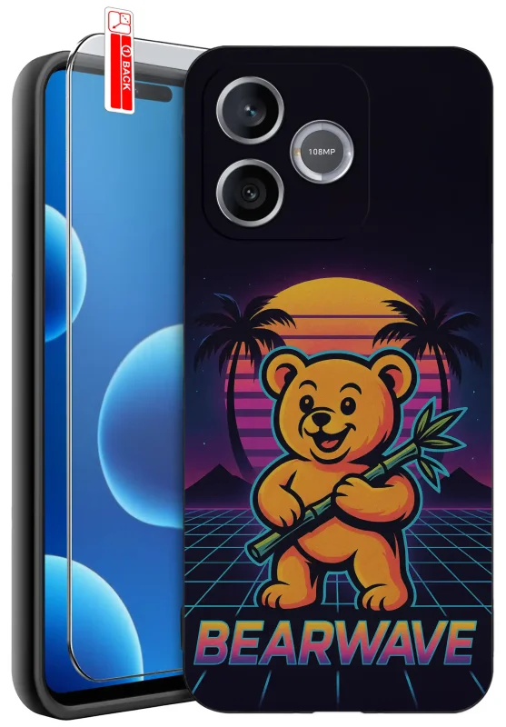 Etui Honor 600 Lite z nadrukiem misia w stylu retro, palmami, zachodem słońca i napisem Bearwave oraz szkło hartowane 9H w zestawie