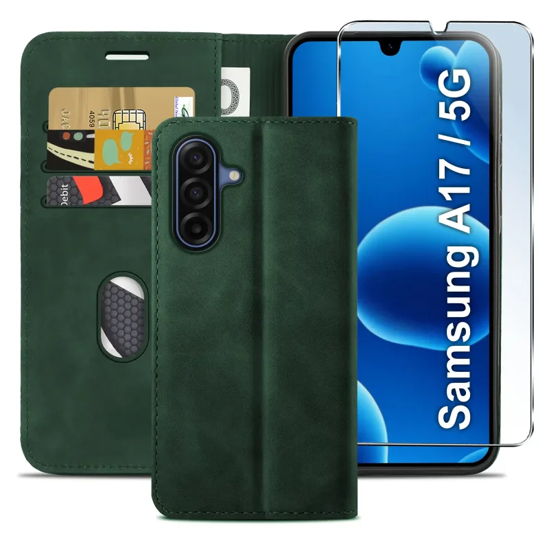 Zielone etui z klapką do Samsung Galaxy A17 5G z trzema kieszonkami na karty, przegrodą na banknoty oraz szkłem hartowanym na ekran
