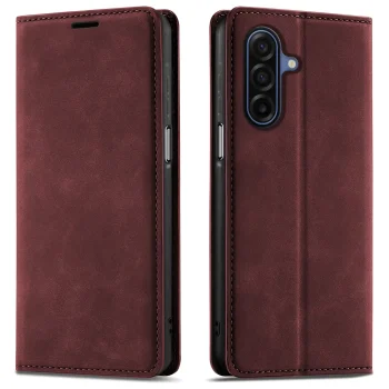 Etui do Samsung Galaxy A17 5G skórzane Velvet zamykane bordowe ze szkłem