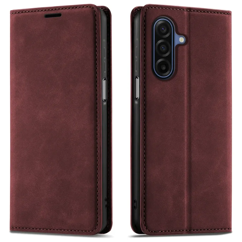 Bordowe etui z klapką Velvet do Samsung Galaxy A17 5G pokazane z przodu i z tyłu, z wycięciem na aparat oraz zamykaną konstrukcją
