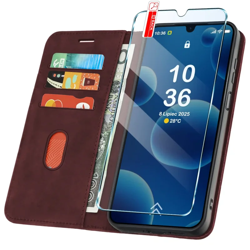 Bordowe etui portfelowe Velvet do Samsung Galaxy A16 5G z kieszonkami na karty, przegrodą na banknoty i szkłem hartowanym w zestawie