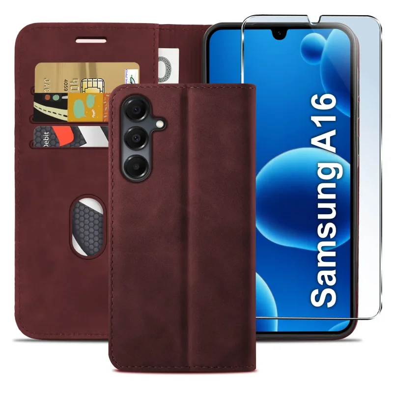 Bordowe etui z klapką do Samsung Galaxy A16 5G z trzema kieszonkami na karty, przegrodą na banknoty oraz szkłem hartowanym na ekran