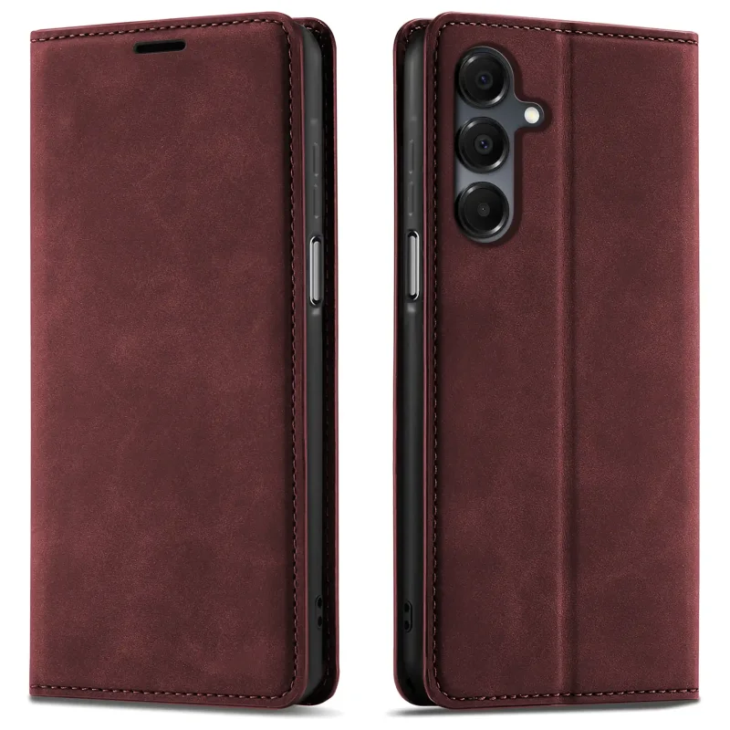 Bordowe etui z klapką Velvet do Samsung Galaxy A16 5G pokazane z przodu i z tyłu, z wycięciem na aparat oraz zamykaną konstrukcją