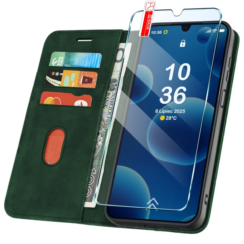Zielone etui portfelowe Velvet do Samsung Galaxy A16 5G z kieszonkami na karty, przegrodą na banknoty i szkłem hartowanym w zestawie