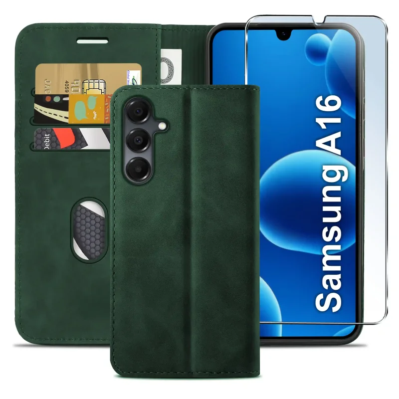 Zielone etui z klapką do Samsung Galaxy A16 5G z trzema kieszonkami na karty, przegrodą na banknoty oraz szkłem hartowanym na ekran