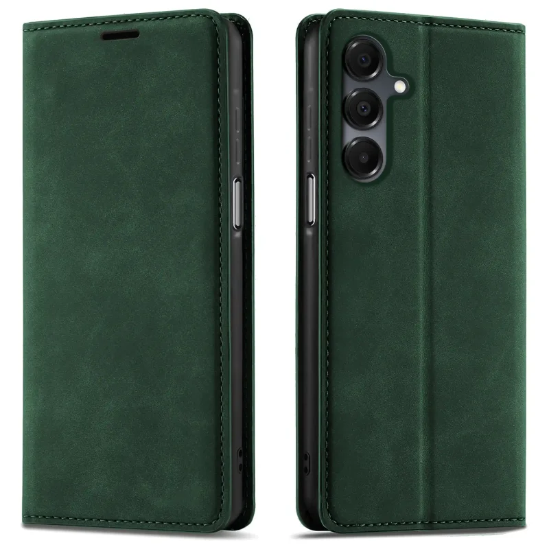 Zielone etui z klapką Velvet do Samsung Galaxy A16 5G pokazane z przodu i z tyłu, z wycięciem na aparat oraz zamykaną konstrukcją