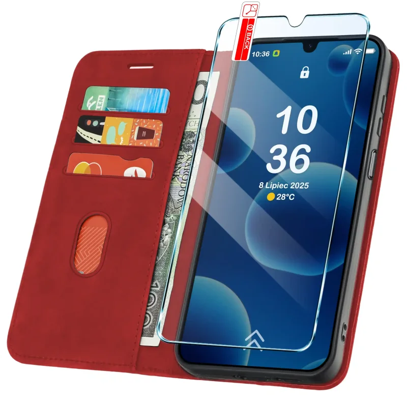 Czerwone etui portfelowe Velvet do Samsung Galaxy A16 5G z kieszonkami na karty, przegrodą na banknoty i szkłem hartowanym w zestawie