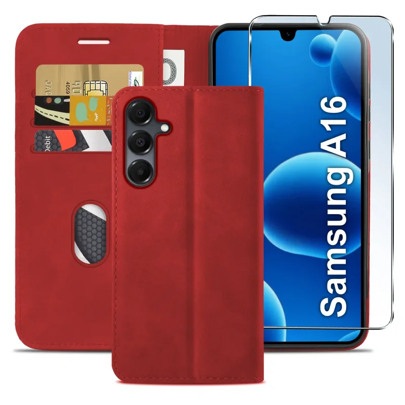 Czerwone etui z klapką do Samsung Galaxy A16 5G z trzema kieszonkami na karty, przegrodą na banknoty oraz szkłem hartowanym na ekran