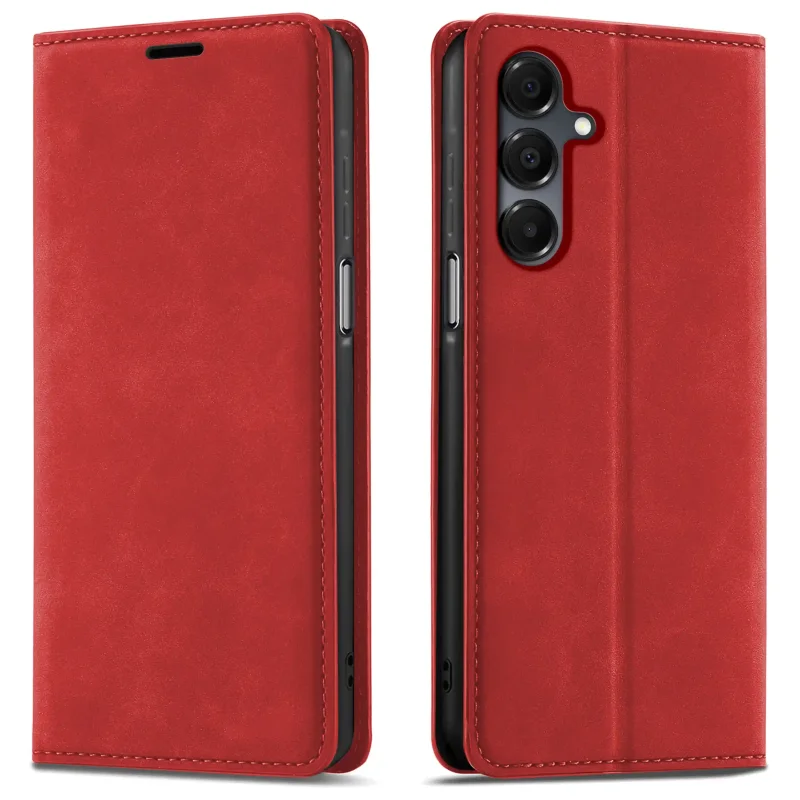 Czerwone etui z klapką Velvet do Samsung Galaxy A16 5G pokazane z przodu i z tyłu, z wycięciem na aparat oraz zamykaną konstrukcją