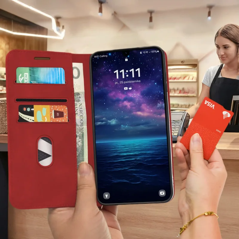 Etui Velvet czerwone do Samsung Galaxy A16 5G trzymane w dłoni podczas płatności kartą, z widocznymi kieszonkami i przegrodą na banknot