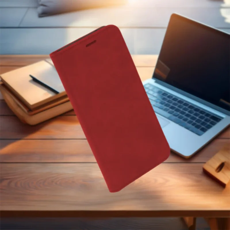 Czerwone etui z klapką Velvet do Samsung Galaxy A16 5G na biurku, pokazane w zamkniętej formie z aksamitną powierzchnią