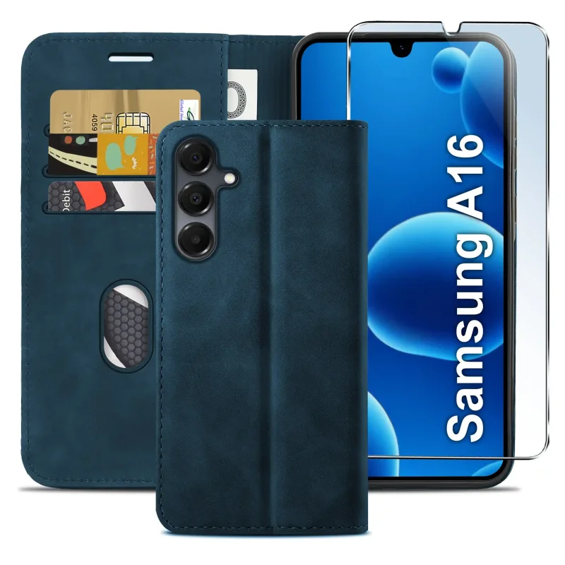 Granatowe etui z klapką do Samsung Galaxy A16 5G z trzema kieszonkami na karty, przegrodą na banknoty oraz szkłem hartowanym na ekran