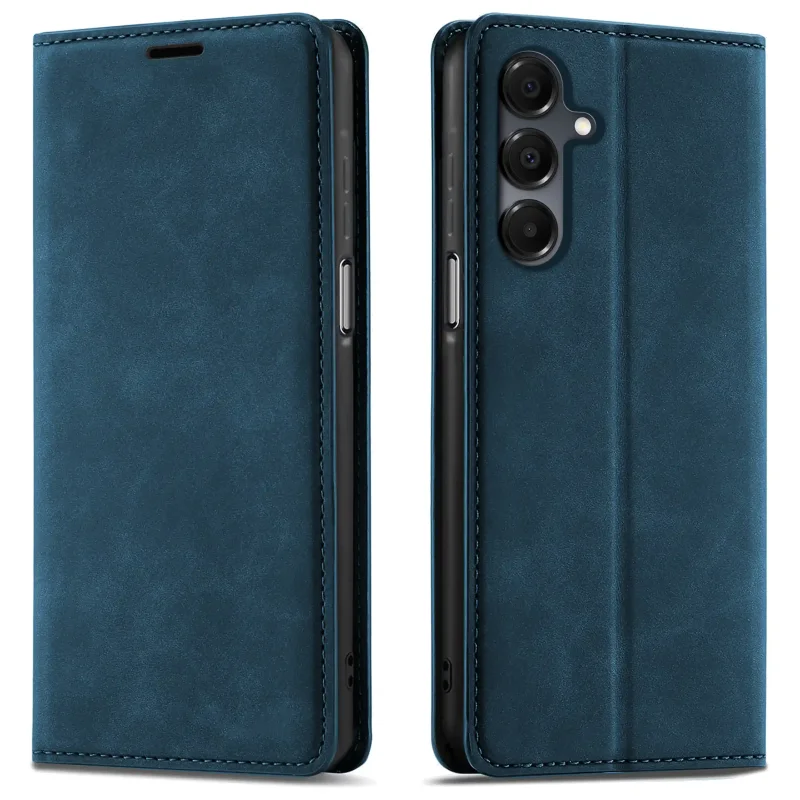 Granatowe etui z klapką Velvet do Samsung Galaxy A16 5G pokazane z przodu i z tyłu, z wycięciem na aparat oraz zamykaną konstrukcją