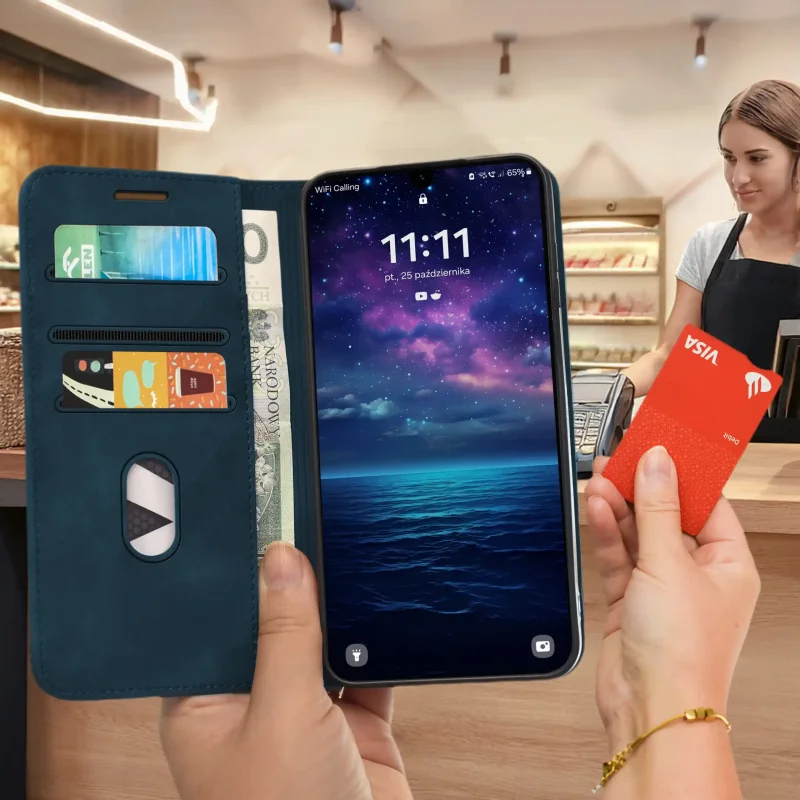 Etui Velvet granatowe do Samsung Galaxy A16 5G trzymane w dłoni podczas płatności kartą, z widocznymi kieszonkami i przegrodą na banknot