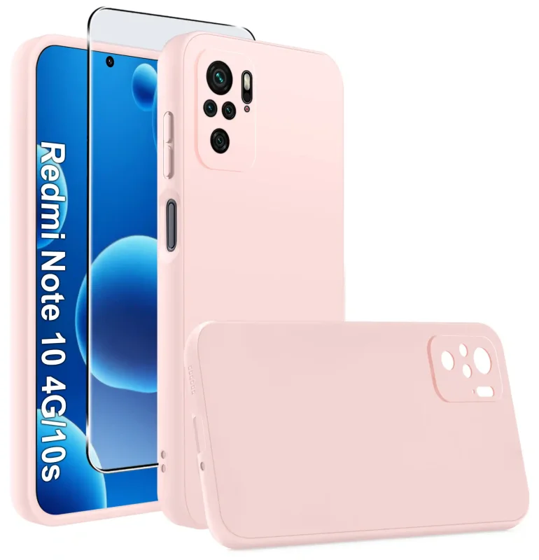 Pudrowo różowe matowe etui silikonowe do Xiaomi Redmi Note 10 / 10s ze szkłem hartowanym 9H w zestawie