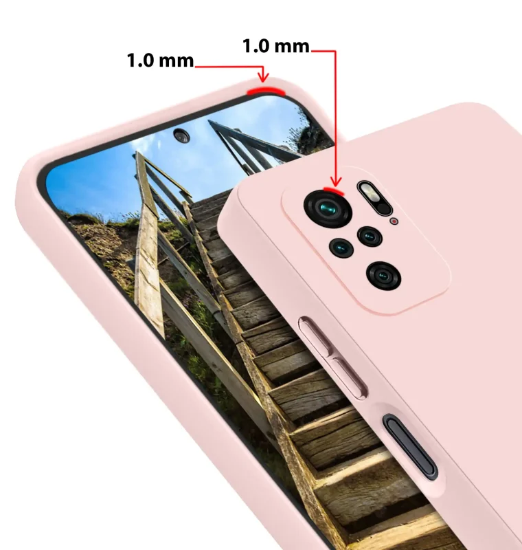 Pudrowo różowe etui do Xiaomi Redmi Note 10 / 10s z podwyższonym rantem 1 mm przy ekranie i wyspie aparatów