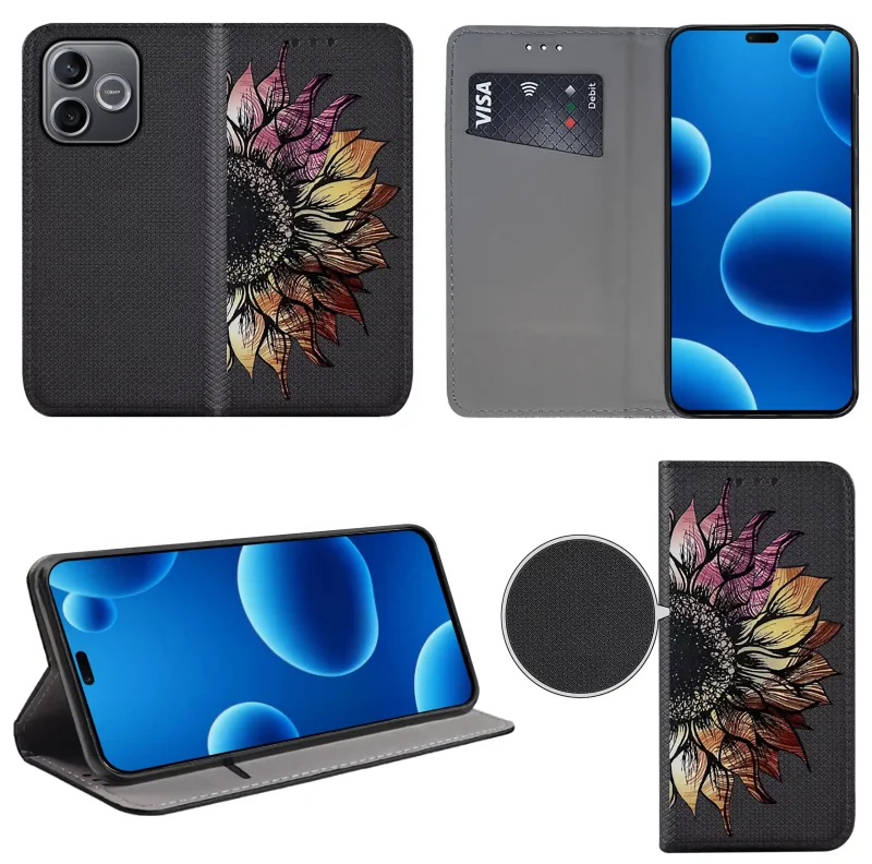 Etui książkowe do Honor 600 Lite z kwiatem, widok przodu i tyłu, kieszonka na kartę oraz funkcja podstawki
