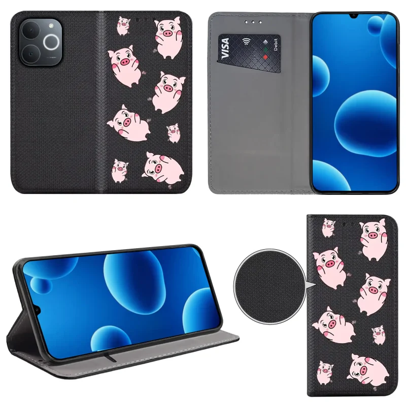 Etui książkowe do Realme Note 70T z nadrukiem świnek, widok przodu i tyłu, kieszonka na kartę oraz funkcja podstawki