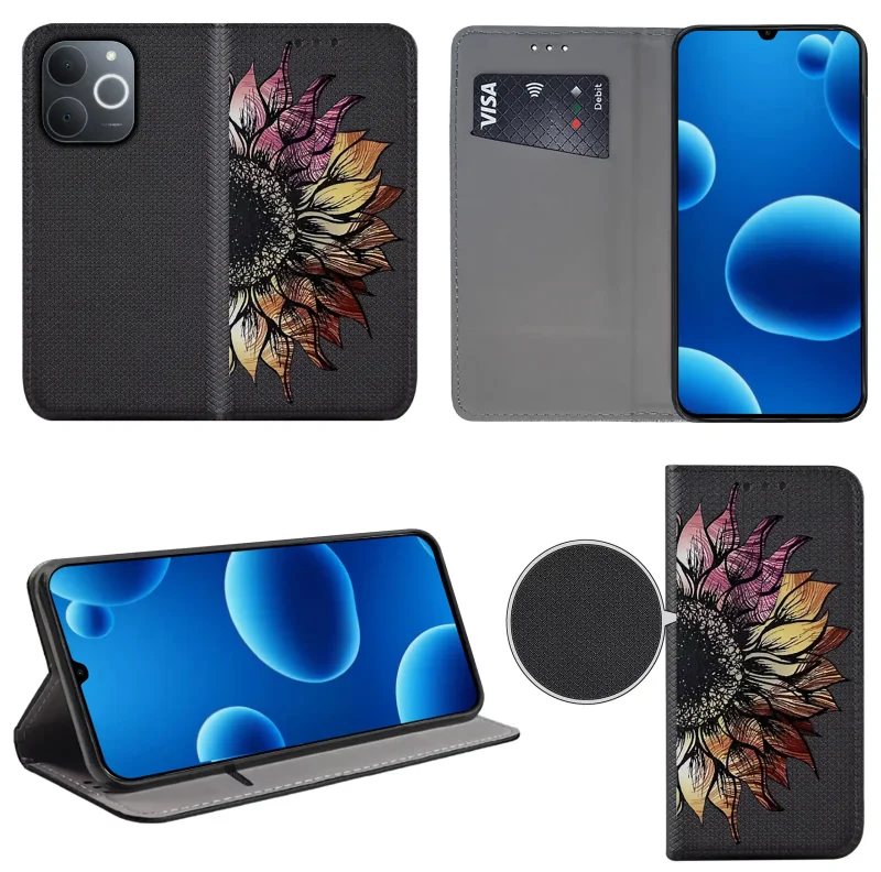 Etui książkowe do Realme Note 70T z kwiatem, widok przodu i tyłu, kieszonka na kartę oraz funkcja podstawki