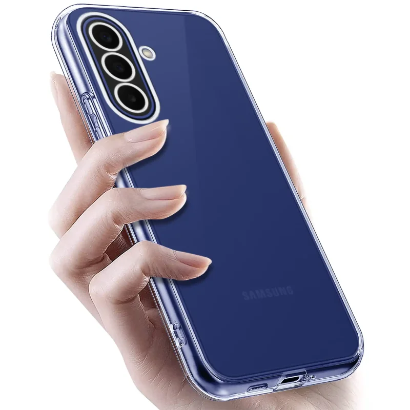 Samsung Galaxy A27 5G w bezbarwnym etui ochronnym z elastycznego silikonu i osłoną aparatów