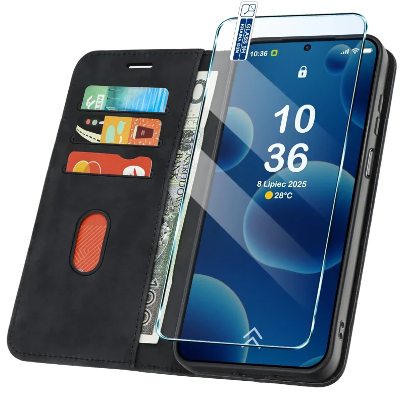 Czarne etui portfelowe Velvet do Samsung Galaxy A27 5G z kieszonkami na karty, przegrodą na banknoty i szkłem hartowanym w zestawie