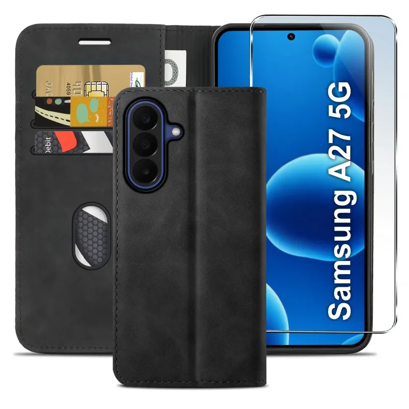 Czarne etui z klapką do Samsung Galaxy A27 5G z trzema kieszonkami na karty, przegrodą na banknoty oraz szkłem hartowanym na ekran