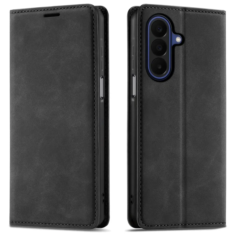 Czarne etui z klapką Velvet do Samsung Galaxy A27 5G pokazane z przodu i z tyłu, z wycięciem na aparat oraz zamykaną konstrukcją