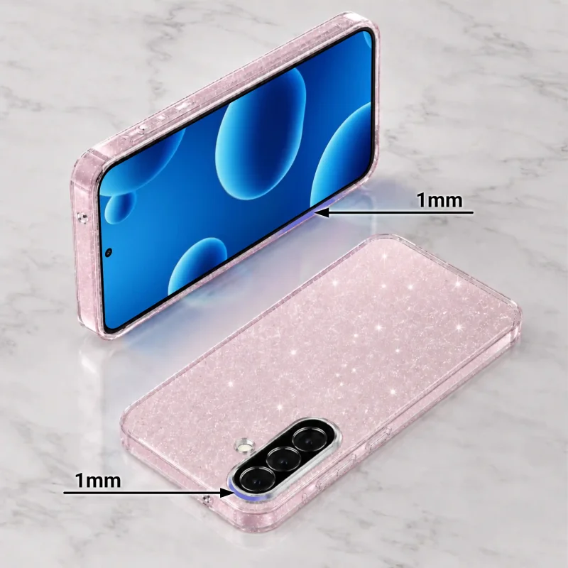 Etui bezbarwne brokatowe do Samsung Galaxy A27 5G z podwyższonymi rantami chroniącymi ekran oraz aparat przed zarysowaniami