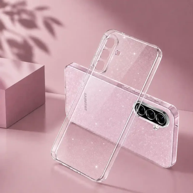 Transparentne brokatowe etui KrainaGSM do Samsung Galaxy A27 5G prezentujące subtelny efekt błysku