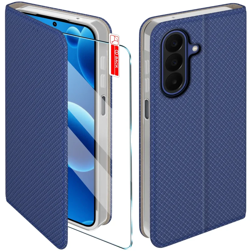 Etui z klapką do Samsung Galaxy A27 5G w granatowym kolorze z magnetycznym zamknięciem, antypoślizgową fakturą i elastycznym TPU chroniącym telefon