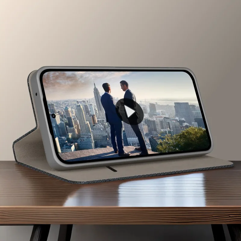 Futerał z klapką do Samsung Galaxy A27 5G granatowy z funkcją podstawki umożliwiającą wygodne oglądanie filmów w pozycji poziomej