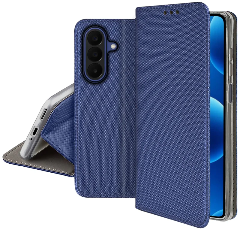 Zamykane granatowe etui z klapką do Samsung Galaxy A27 5G z matową strukturą, wycięciami na porty oraz ochroną aparatów i boków smartfona