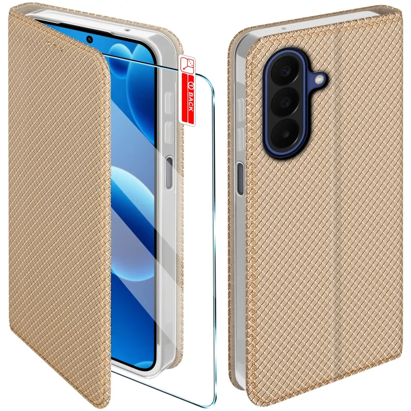 Etui z klapką do Samsung Galaxy A27 5G w złotym kolorze z magnetycznym zamknięciem, antypoślizgową fakturą i elastycznym TPU chroniącym telefon