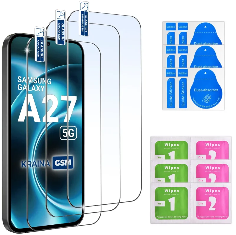 Zestaw 3 szkieł hartowanych 9H do Samsung Galaxy A27 5G z akcesoriami montażowymi