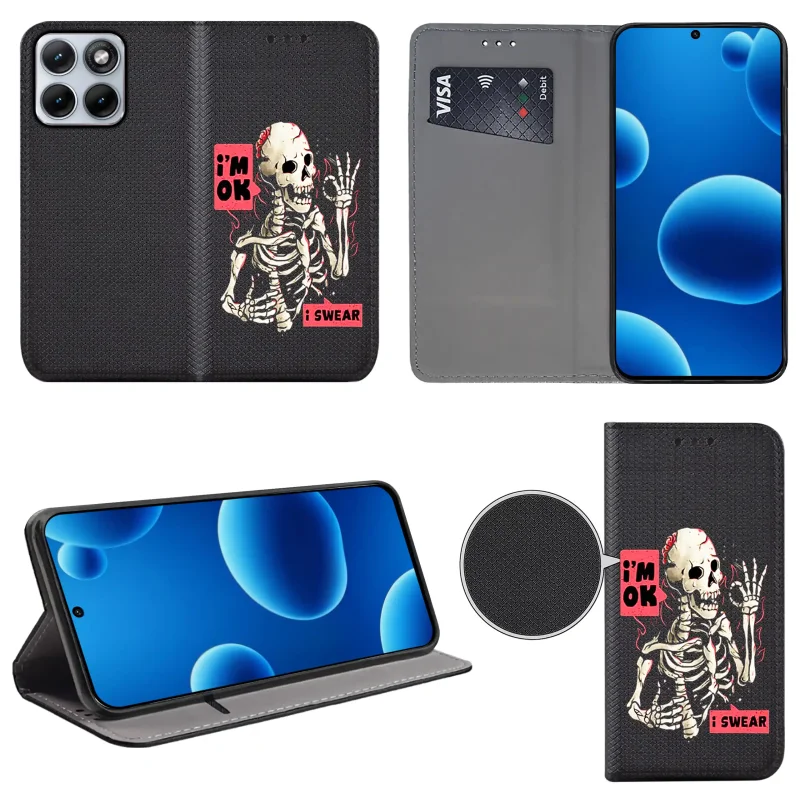Etui książkowe do Motorola Edge 70 Fusion z nadrukiem szkieletu, widok przodu i tyłu, kieszonka na kartę oraz funkcja podstawki