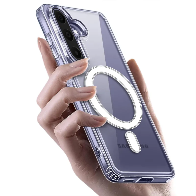 Przezroczyste etui MagSafe do Samsung Galaxy A27 5G wygodnie trzymane w dłoni, chroniące telefon bez zasłaniania oryginalnego wyglądu