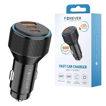 Szybka ładowarka samochodowa Forever 1x USB 2x USB-C 66W czarna